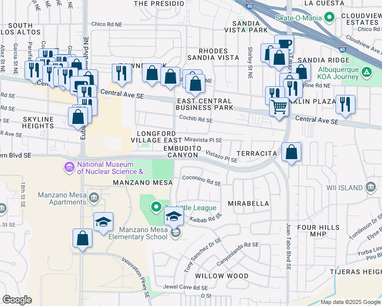 map of restaurants, bars, coffee shops, grocery stores, and more near 11005 Deer Lodge Place Southeast in Albuquerque