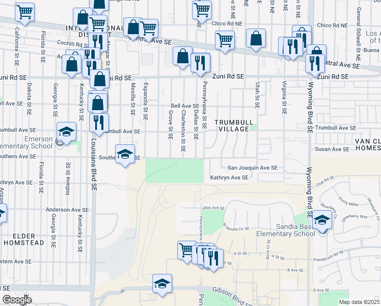 map of restaurants, bars, coffee shops, grocery stores, and more near 537 Dallas Street Southeast in Albuquerque