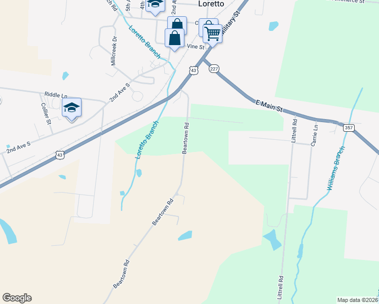 map of restaurants, bars, coffee shops, grocery stores, and more near in Loretto