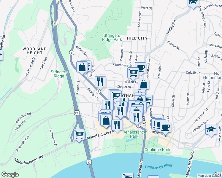 map of restaurants, bars, coffee shops, grocery stores, and more near 411 Fairpoint Street in Chattanooga