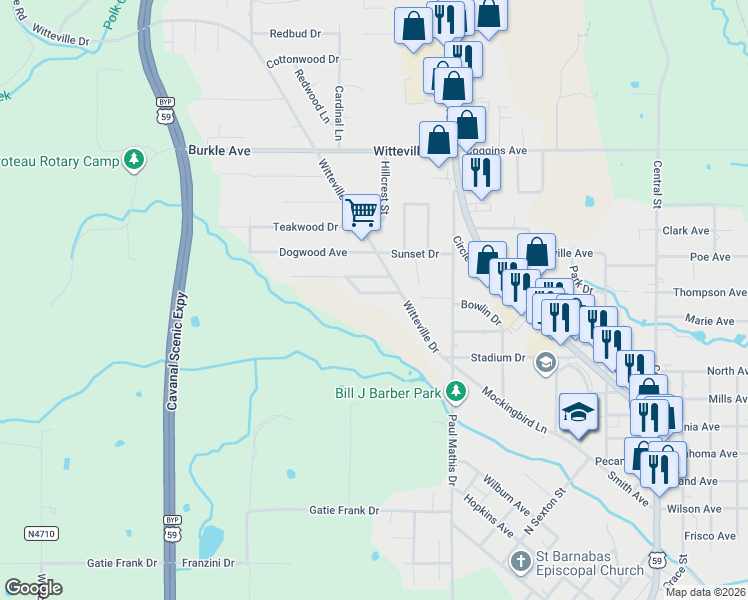 map of restaurants, bars, coffee shops, grocery stores, and more near 103 Wedgewood Drive in Poteau