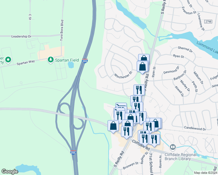 map of restaurants, bars, coffee shops, grocery stores, and more near 827 Nighthawk Place in Fayetteville