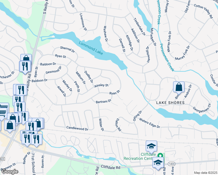 map of restaurants, bars, coffee shops, grocery stores, and more near 7242 Ainsley Street in Fayetteville