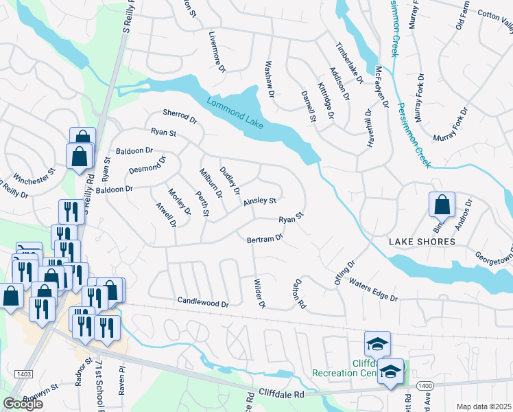 map of restaurants, bars, coffee shops, grocery stores, and more near 7230 Ainsley Street in Fayetteville