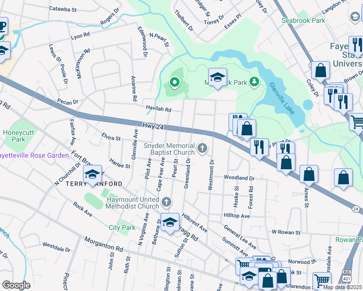 map of restaurants, bars, coffee shops, grocery stores, and more near 540 Pearl Street in Fayetteville