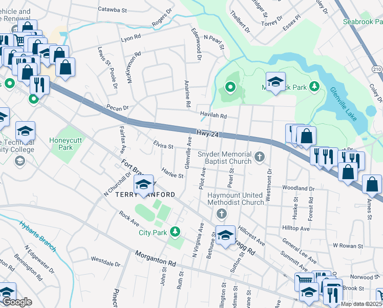 map of restaurants, bars, coffee shops, grocery stores, and more near 608 Glenville Avenue in Fayetteville