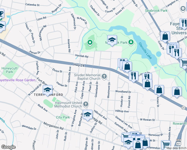 map of restaurants, bars, coffee shops, grocery stores, and more near 540 Pearl Street in Fayetteville