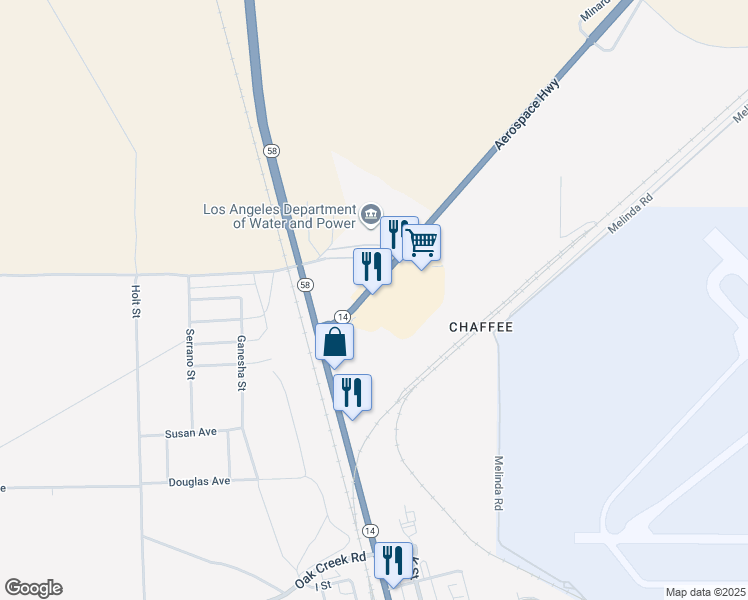 map of restaurants, bars, coffee shops, grocery stores, and more near 16870 California 14 in Mojave