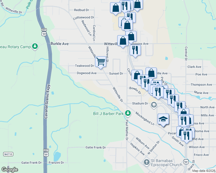 map of restaurants, bars, coffee shops, grocery stores, and more near 103 Wedgewood Drive in Poteau