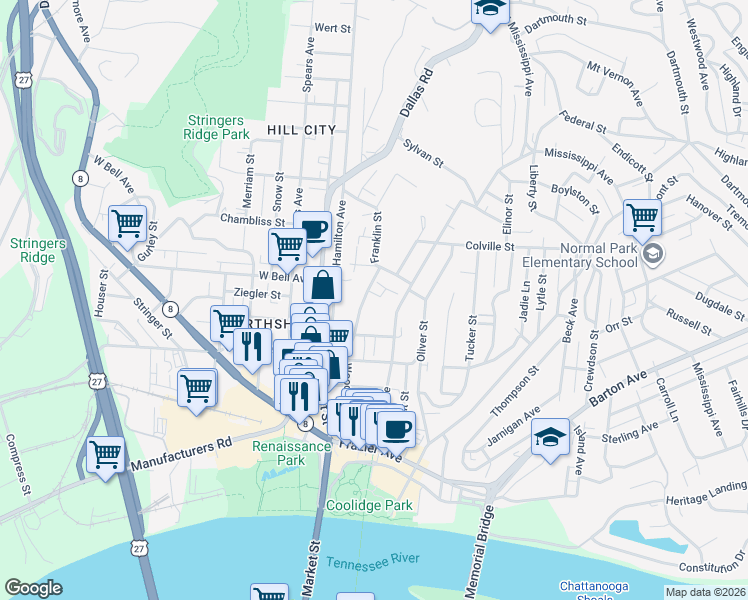 map of restaurants, bars, coffee shops, grocery stores, and more near 512 Woodland Avenue in Chattanooga