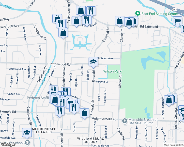 map of restaurants, bars, coffee shops, grocery stores, and more near 5500 Forsyth Drive in Memphis