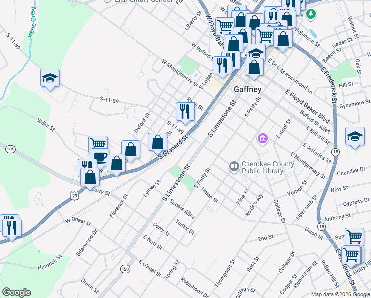map of restaurants, bars, coffee shops, grocery stores, and more near 596 Lyman Street in Gaffney