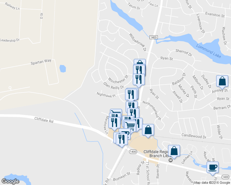 map of restaurants, bars, coffee shops, grocery stores, and more near 300 Glenallen Street in Fayetteville
