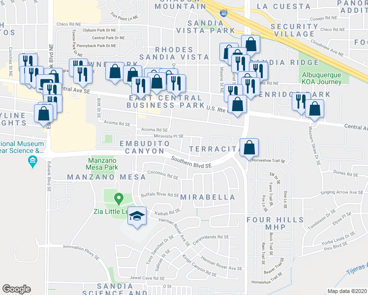 map of restaurants, bars, coffee shops, grocery stores, and more near 11300 Vistazo Place Southeast in Albuquerque