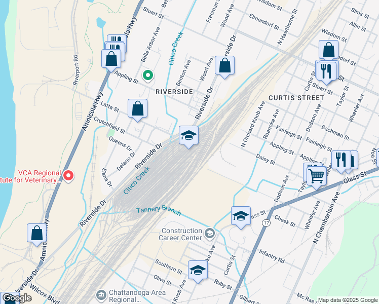 map of restaurants, bars, coffee shops, grocery stores, and more near in Chattanooga