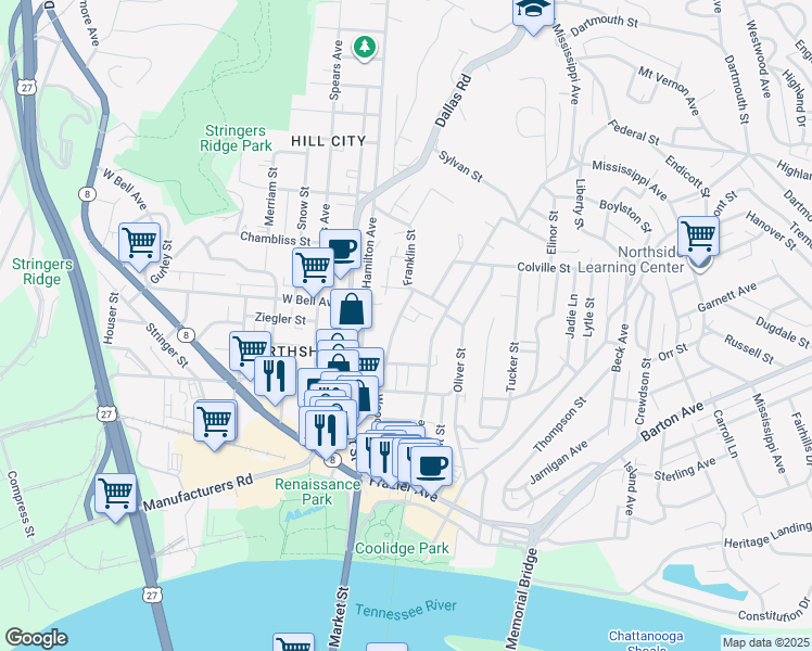 map of restaurants, bars, coffee shops, grocery stores, and more near 512 Woodland Avenue in Chattanooga