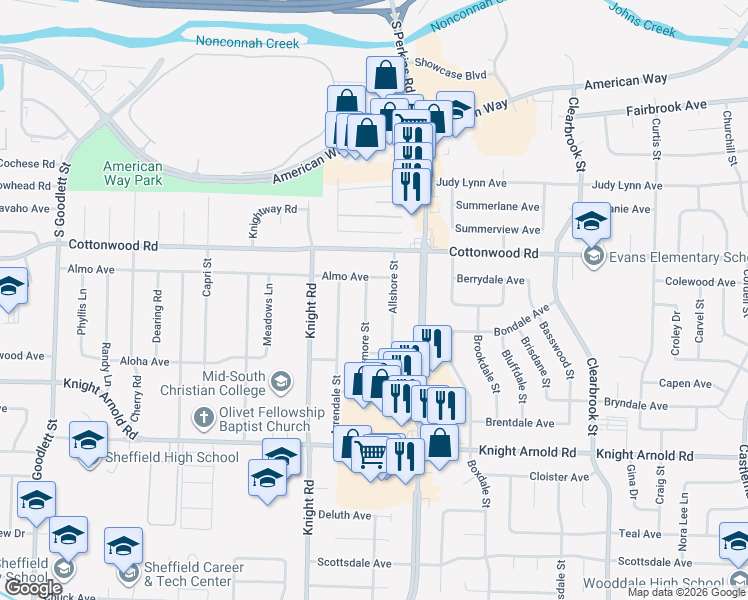 map of restaurants, bars, coffee shops, grocery stores, and more near 2999 Allshore Street in Memphis