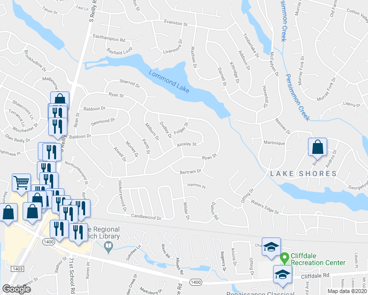 map of restaurants, bars, coffee shops, grocery stores, and more near 7230 Ainsley Street in Fayetteville