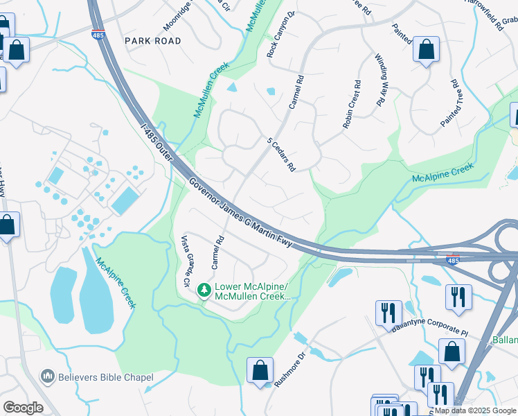 map of restaurants, bars, coffee shops, grocery stores, and more near 8319 Kapplewood Court in Charlotte