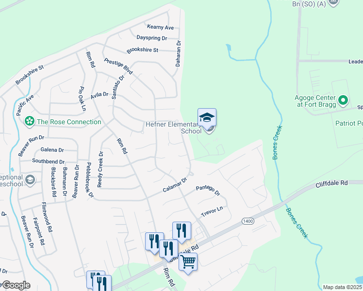 map of restaurants, bars, coffee shops, grocery stores, and more near 7042 Calamar Drive in Fayetteville