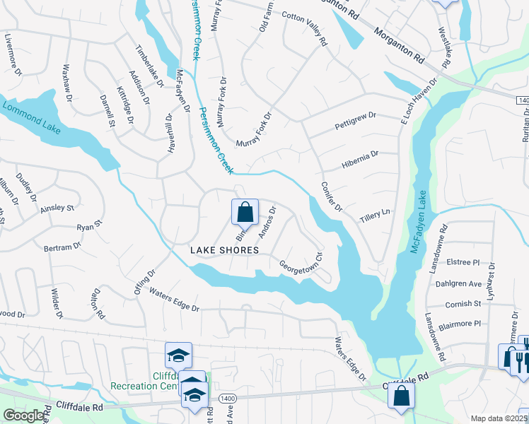 map of restaurants, bars, coffee shops, grocery stores, and more near 5609 Bimini Place in Fayetteville
