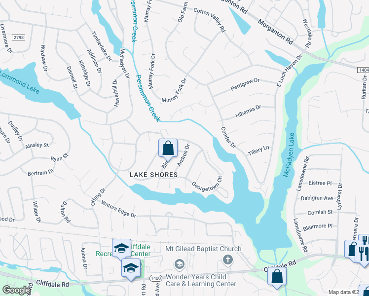 map of restaurants, bars, coffee shops, grocery stores, and more near 412 Andros Drive in Fayetteville