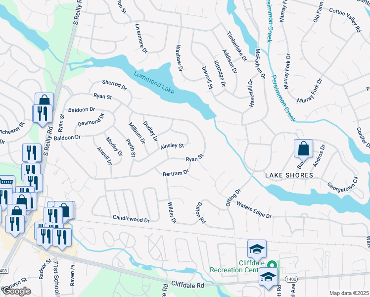map of restaurants, bars, coffee shops, grocery stores, and more near 7242 Ainsley Street in Fayetteville
