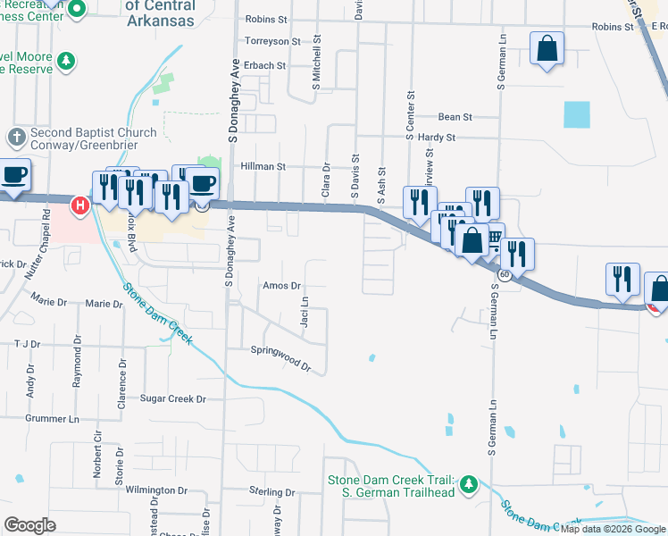map of restaurants, bars, coffee shops, grocery stores, and more near 1800 Amos Drive in Conway