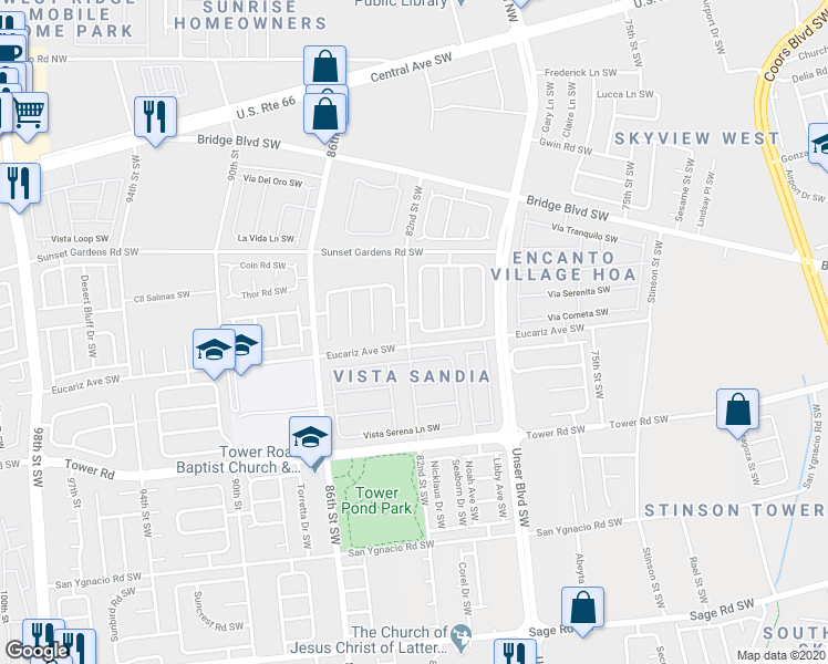 map of restaurants, bars, coffee shops, grocery stores, and more near 551 Whisper Pointe St SW in Albuquerque