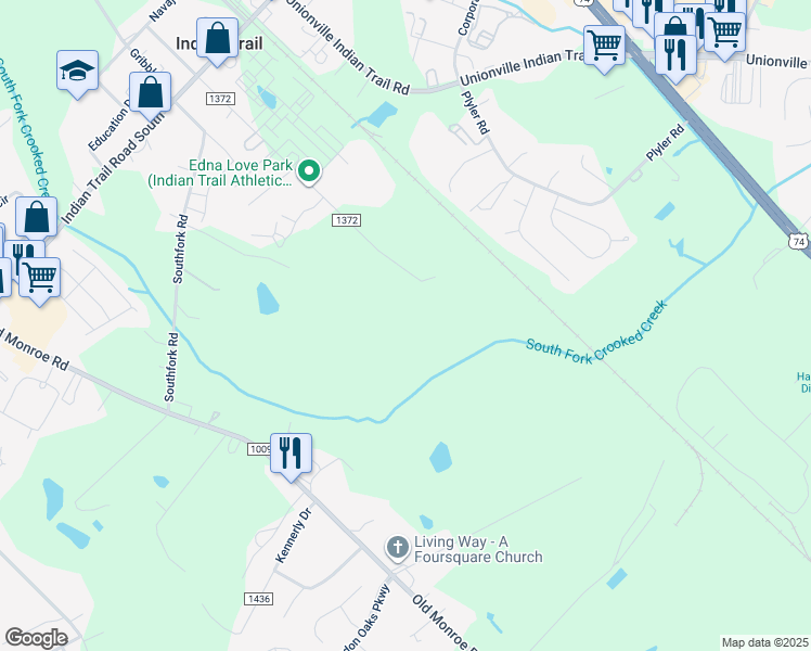 map of restaurants, bars, coffee shops, grocery stores, and more near 500 Southfork Road in Indian Trail