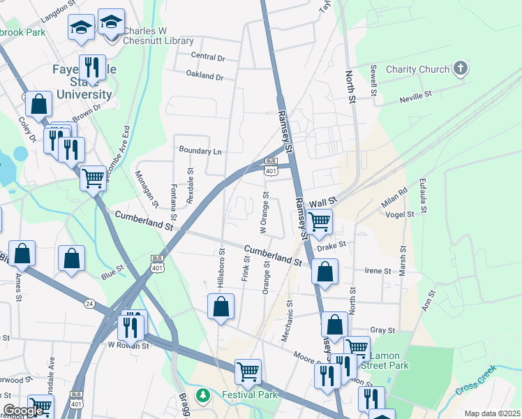 map of restaurants, bars, coffee shops, grocery stores, and more near 880 West Orange Street in Fayetteville