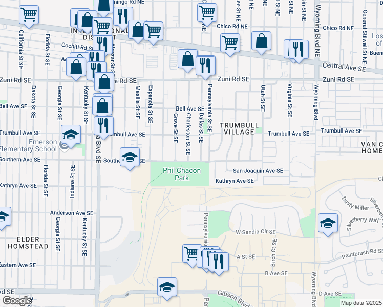 map of restaurants, bars, coffee shops, grocery stores, and more near 7600 Southern Avenue Southeast in Albuquerque