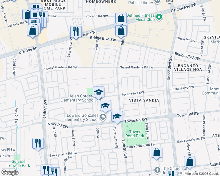 map of restaurants, bars, coffee shops, grocery stores, and more near 8828 Round Rock Road Southwest in Albuquerque