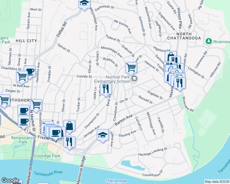 map of restaurants, bars, coffee shops, grocery stores, and more near 507 Crewdson Street in Chattanooga