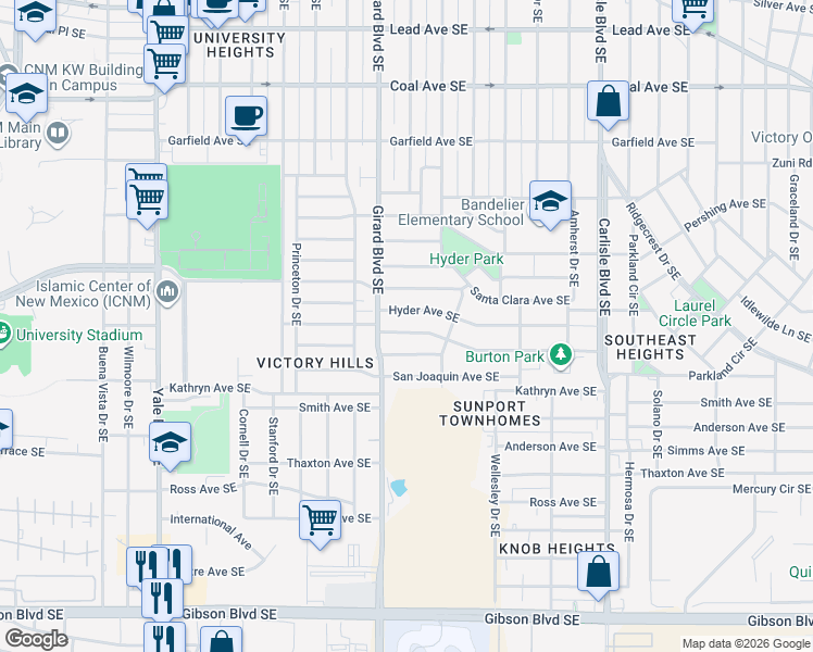 map of restaurants, bars, coffee shops, grocery stores, and more near 2917 San Diego Avenue Southeast in Albuquerque