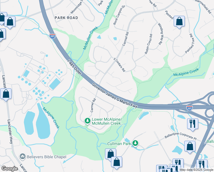 map of restaurants, bars, coffee shops, grocery stores, and more near 8313 Kapplewood Court in Charlotte