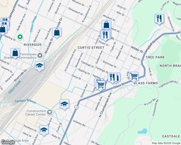 map of restaurants, bars, coffee shops, grocery stores, and more near 2510 Dodson Avenue in Chattanooga