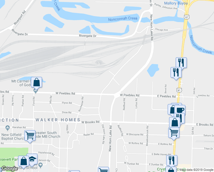 map of restaurants, bars, coffee shops, grocery stores, and more near Old Horn Lake Road in Memphis