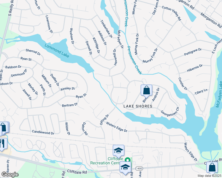 map of restaurants, bars, coffee shops, grocery stores, and more near 308 Bahama Loop in Fayetteville