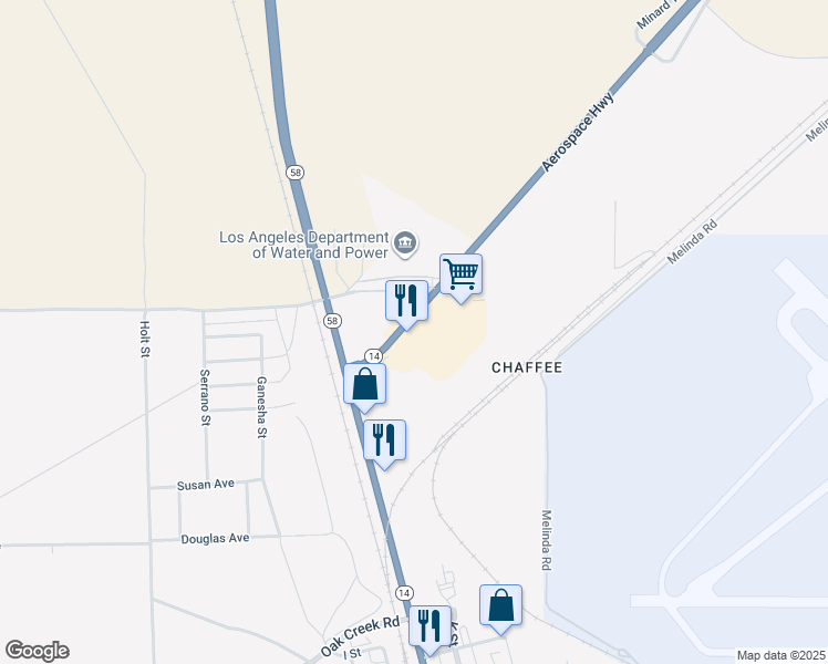 map of restaurants, bars, coffee shops, grocery stores, and more near 16870 California 14 in Mojave