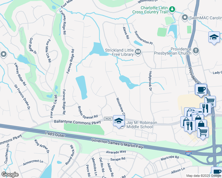 map of restaurants, bars, coffee shops, grocery stores, and more near 10208 Woodview Circle in Charlotte