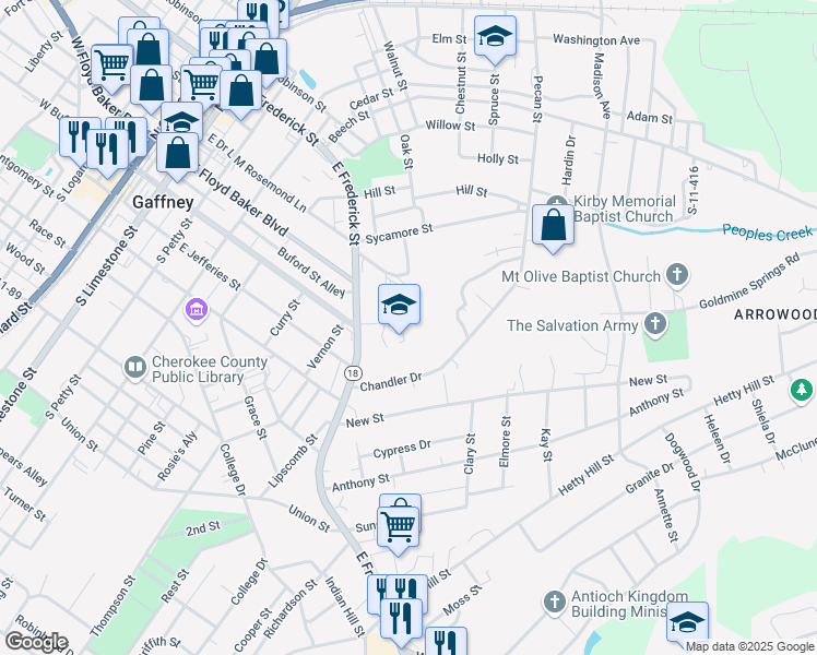 map of restaurants, bars, coffee shops, grocery stores, and more near 805 East Frederick Street in Gaffney