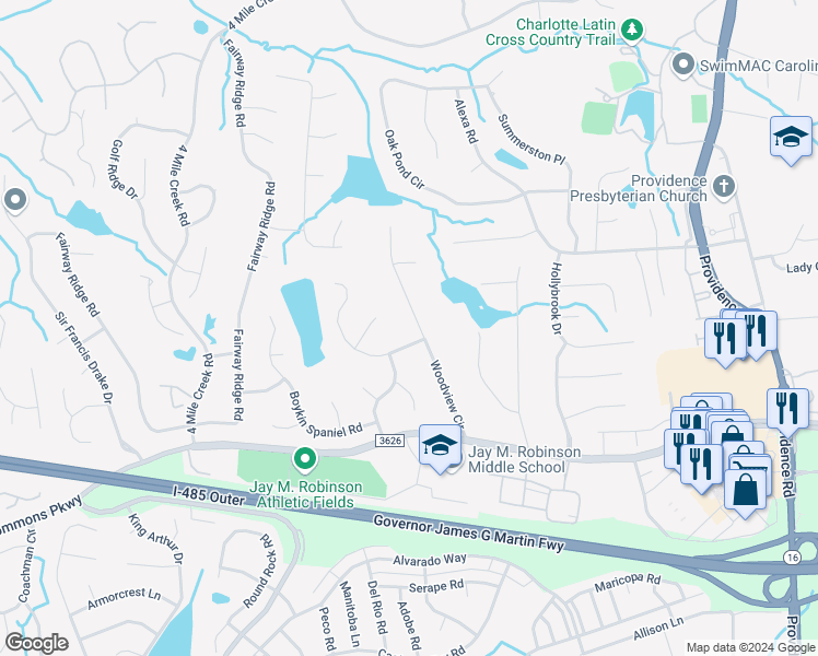 map of restaurants, bars, coffee shops, grocery stores, and more near 10208 Woodview Circle in Charlotte