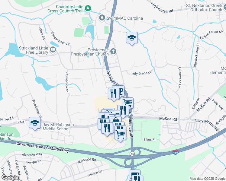 map of restaurants, bars, coffee shops, grocery stores, and more near 5304 Berkeley Pines Lane in Charlotte