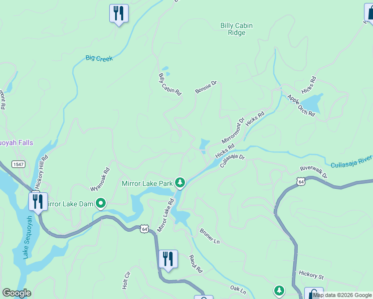 map of restaurants, bars, coffee shops, grocery stores, and more near 75 Billy Cabin Road in Highlands