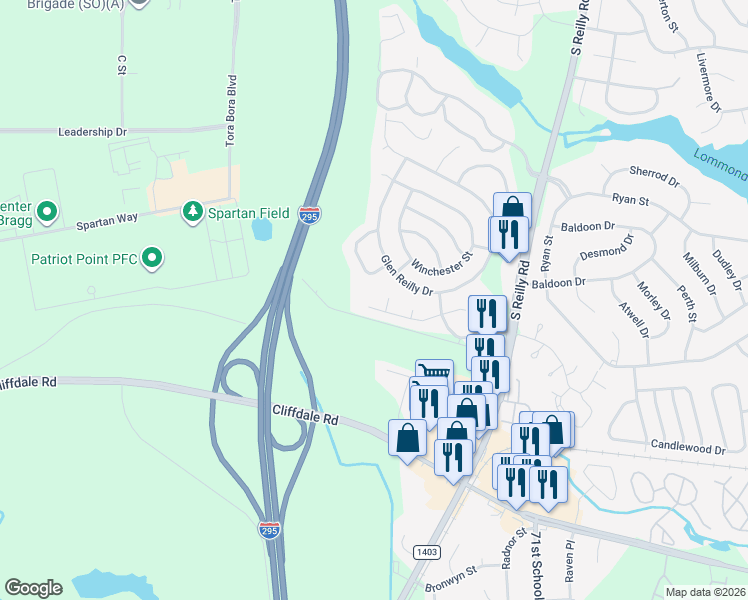 map of restaurants, bars, coffee shops, grocery stores, and more near 813 Nighthawk Place in Fayetteville