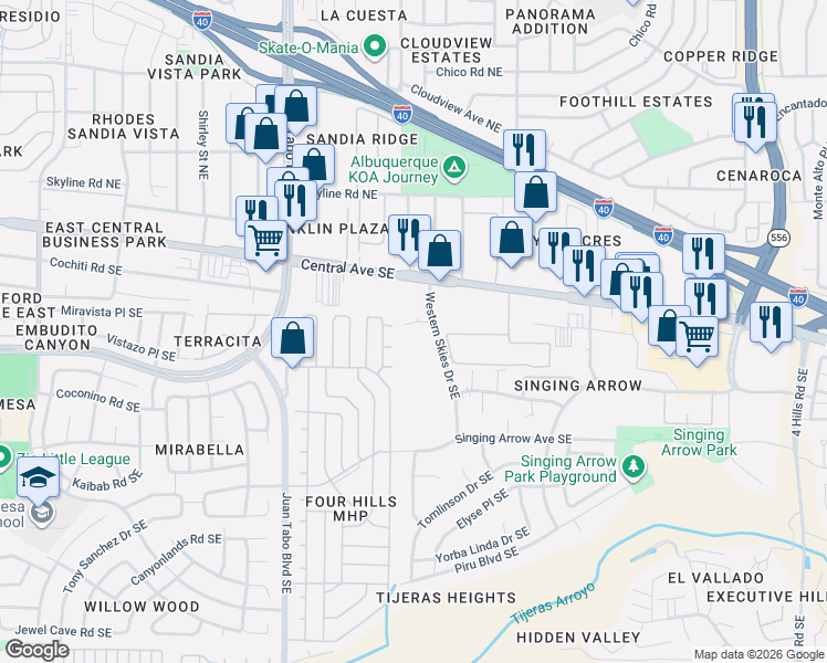 map of restaurants, bars, coffee shops, grocery stores, and more near 213 Hanosh Court Southeast in Albuquerque