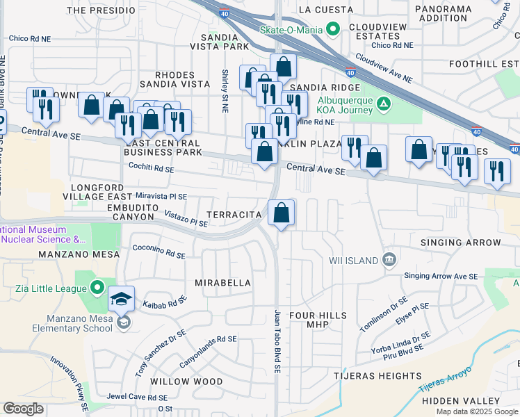 map of restaurants, bars, coffee shops, grocery stores, and more near 11715 Terra Bella Southeast Lane in Albuquerque