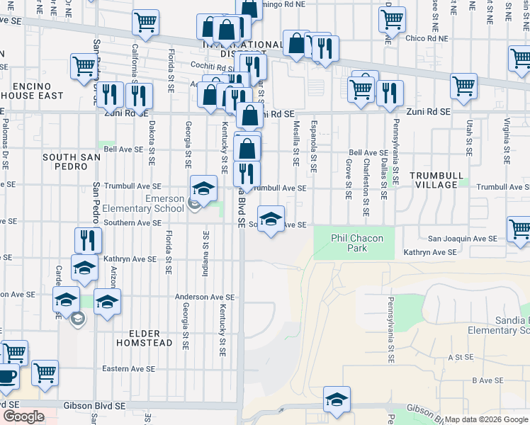 map of restaurants, bars, coffee shops, grocery stores, and more near 608 Alcazar Street Southeast in Albuquerque