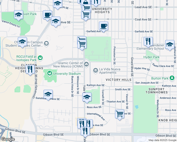 map of restaurants, bars, coffee shops, grocery stores, and more near 1100 Yale Boulevard Southeast in Albuquerque